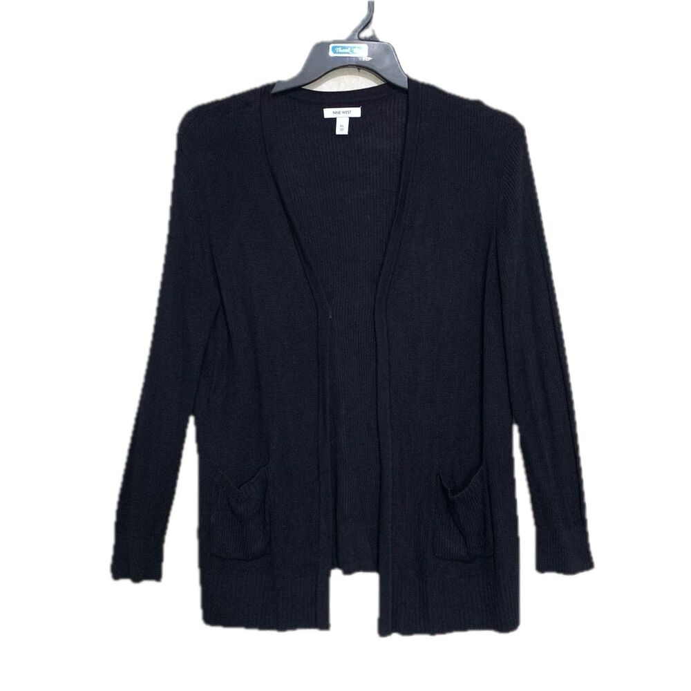 Nine West Cardigan Sweater Womens XL Black Open Front Long Sleeve Knit 2-Pockets